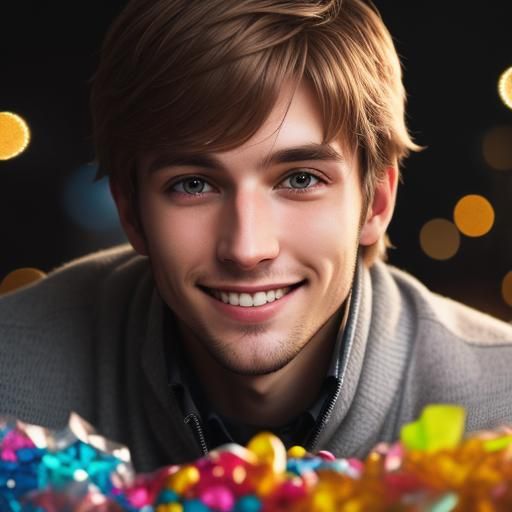 Happy Young Man Surrounded by Candy in a Bright and Airy Sty...