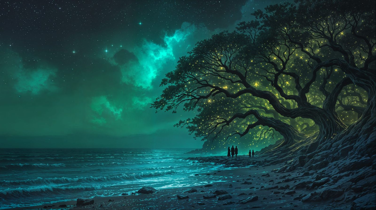 Mystical Coast Scene with Bioluminescent Forest