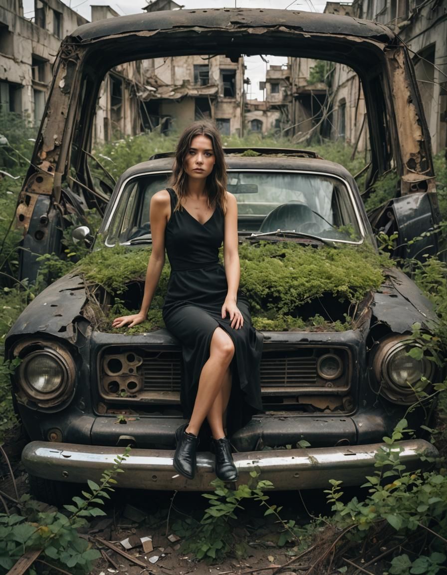 Apocalyptic Woman in Decaying Cityscape