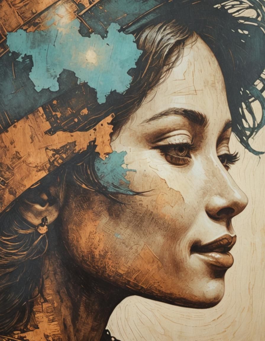 Happy Girl Portrait in Precisionism Woodcut Style