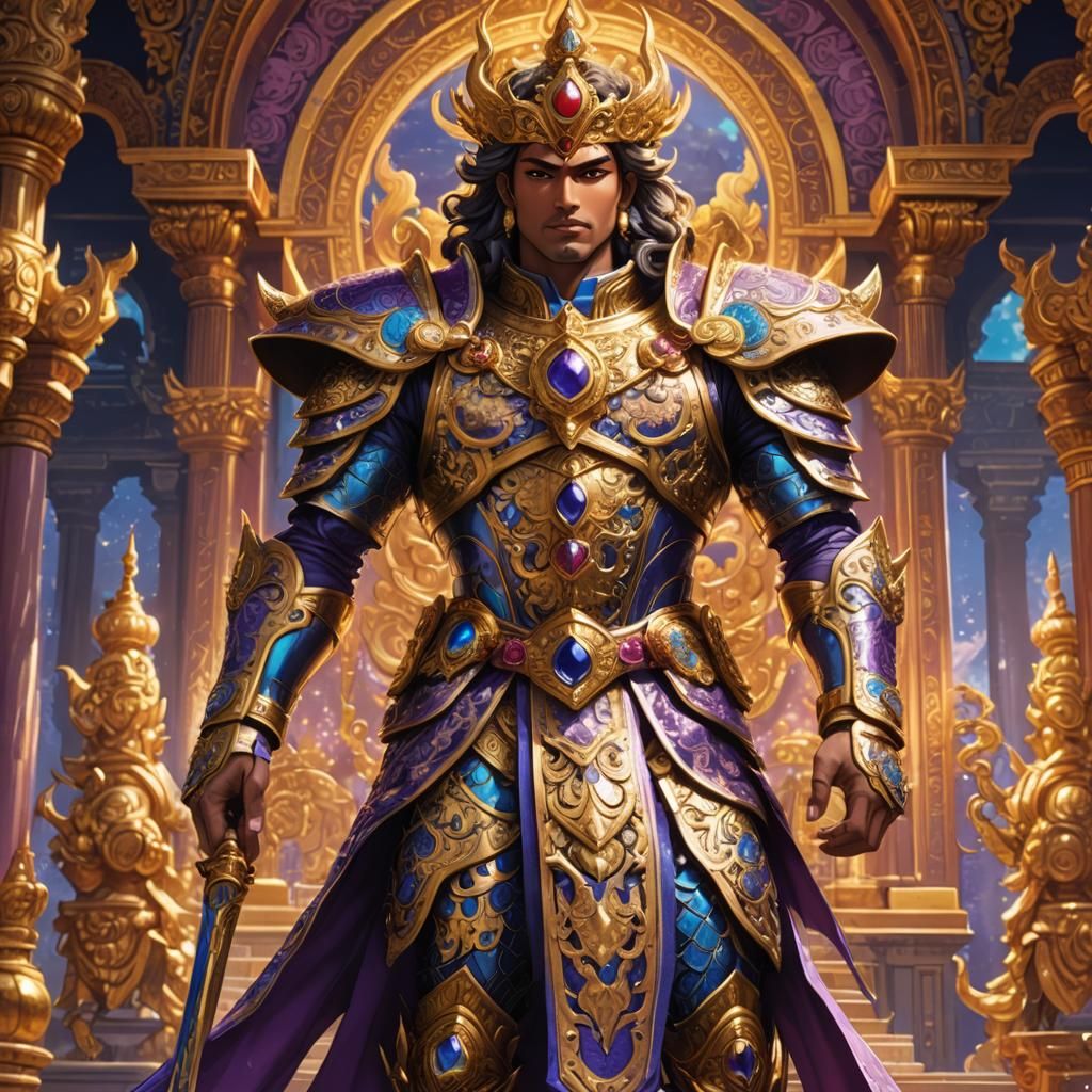 Regal Sanatana Prince in Ornate Temple, Anime Style