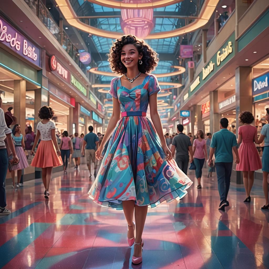 Teenage Girl Walking in a Vibrant Retro Mall