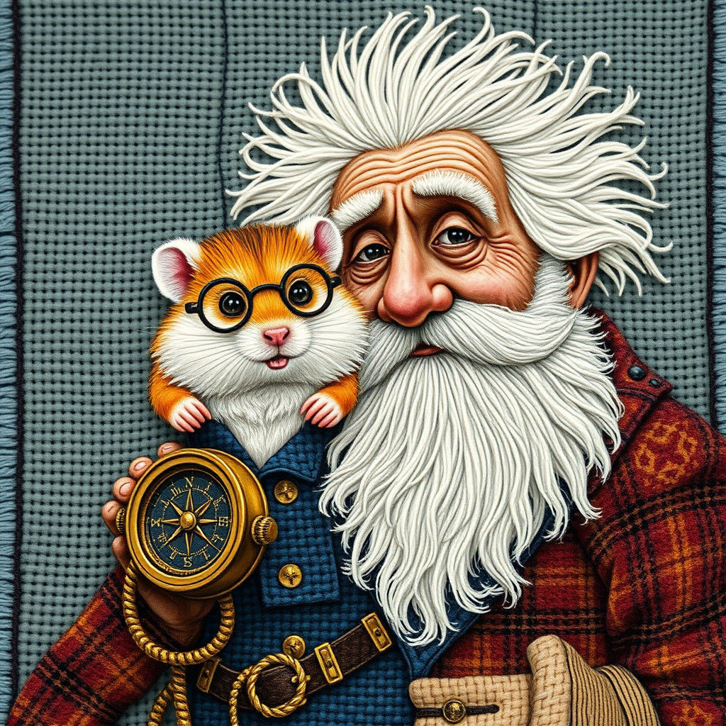 Whimsical Hamster Guides Old Man: Needlework Tapestry Style