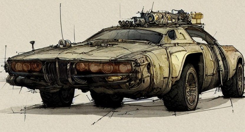 Retrofuturistic Vehicle Blueprint in Watercolor Style