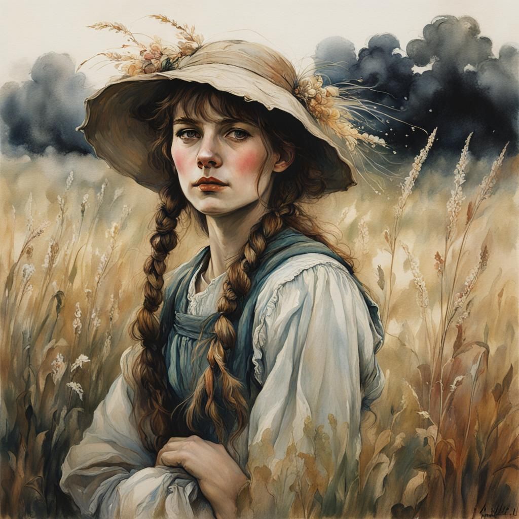 Peasant Woman in Field, Arthur Rackham Style