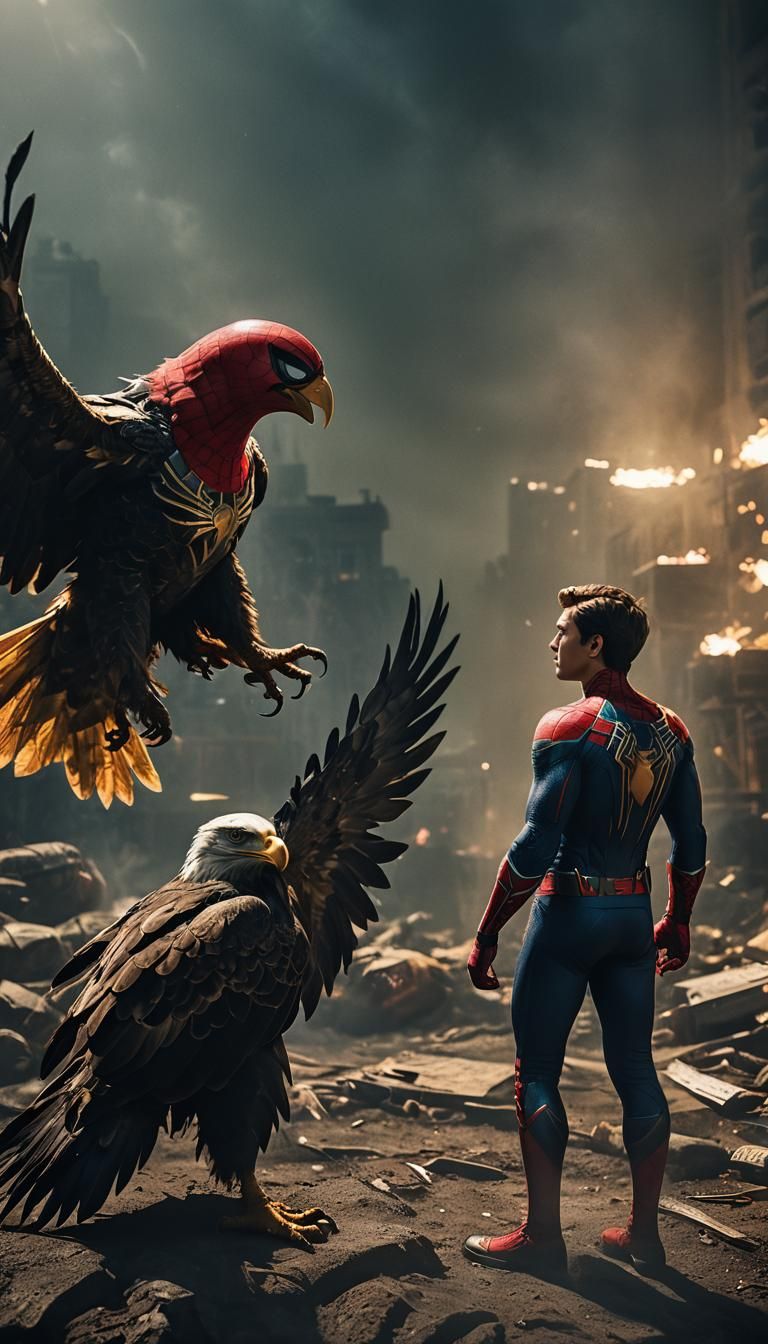 Spiderman and Eagle Face-Off: Cinematic Marvel Still