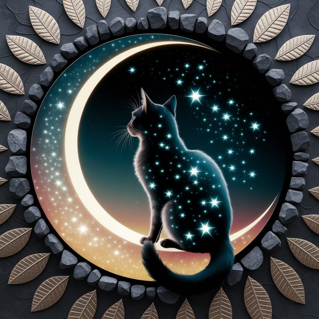 Cat on Moon with Bioluminescent Stars, Hyperrealistic Style