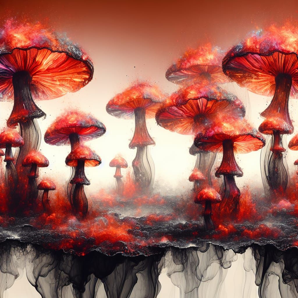 Field of red hot glass mushrooms in charcoal