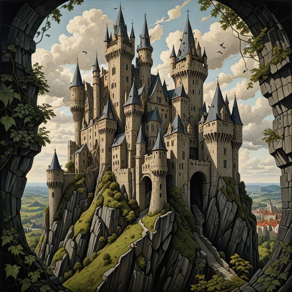 Gothic Castle with Intricate Tessellations and Tower of Flin...