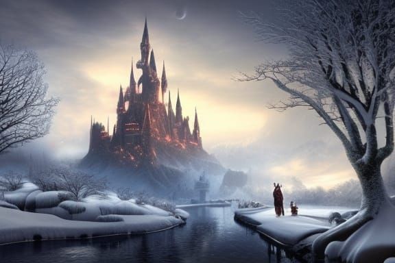 Fantasy Castle Winterscape in Digital Matte Painting Style