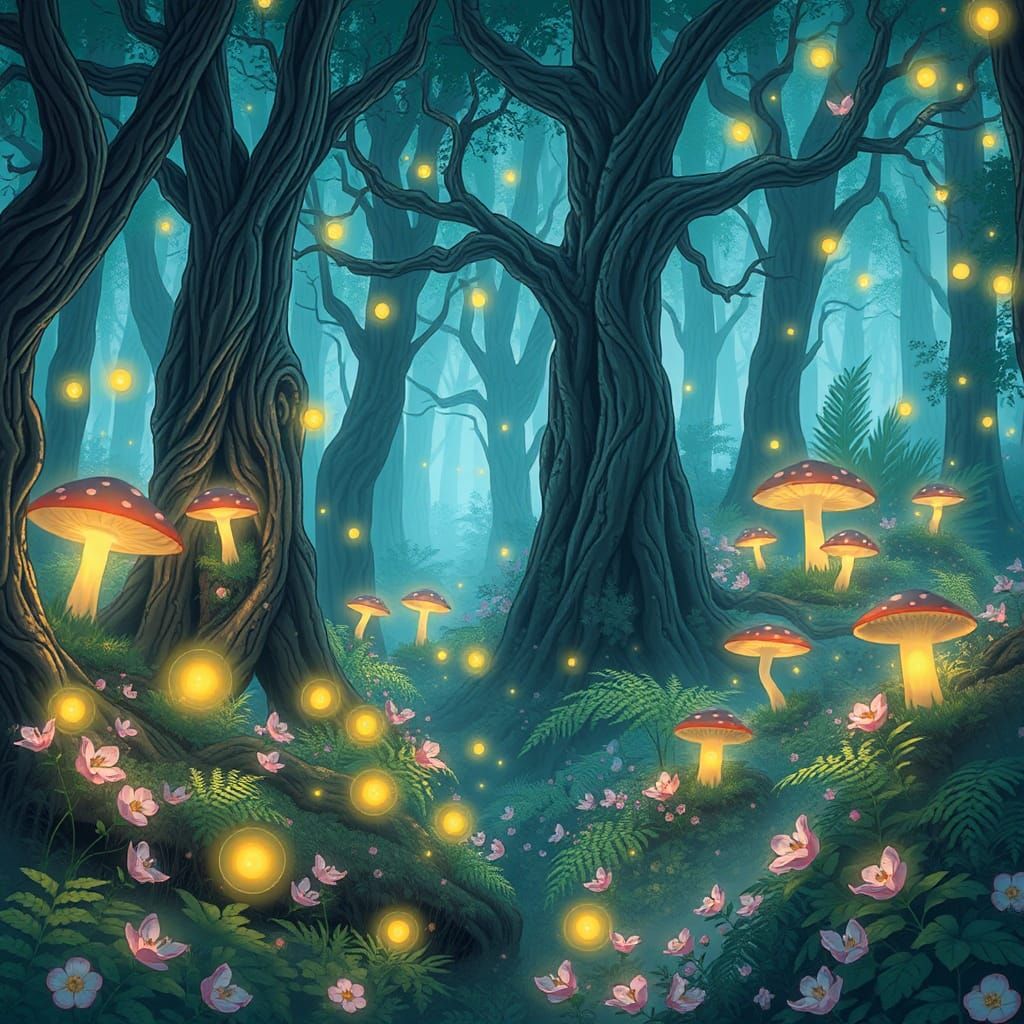 Luminous Fireflies Dance in Whimsical Forest: Anime Key Visu...