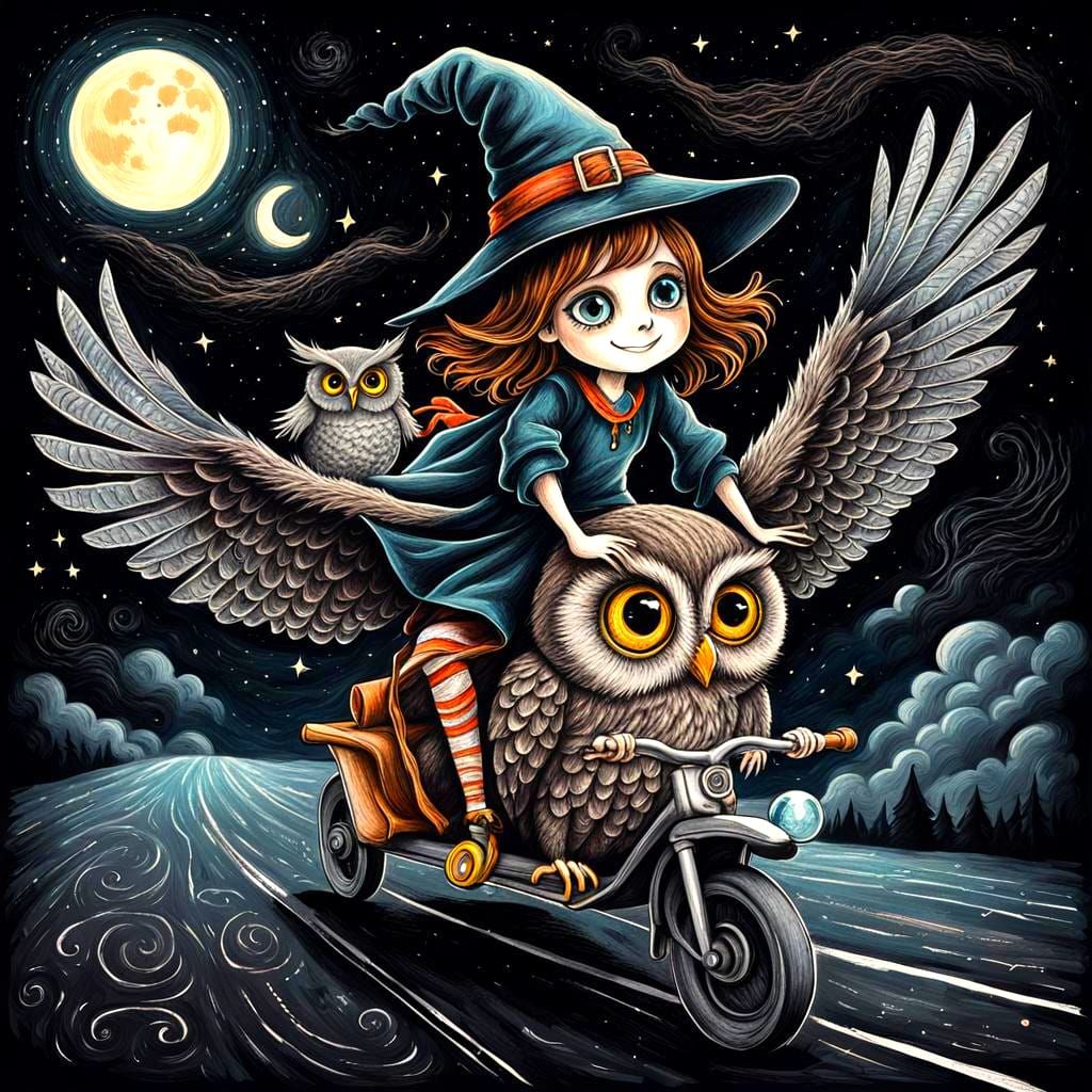 Cute Witch Rides Owl: Chalk Art on Pavement
