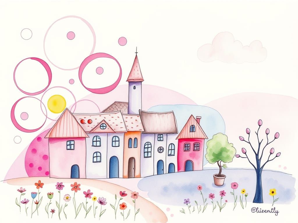 Charming Village Abstract Painting in Pastel Hues