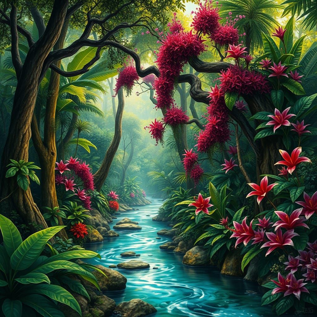 Emerald Jungle Paradise with Ruby Vines and Amethyst Blooms