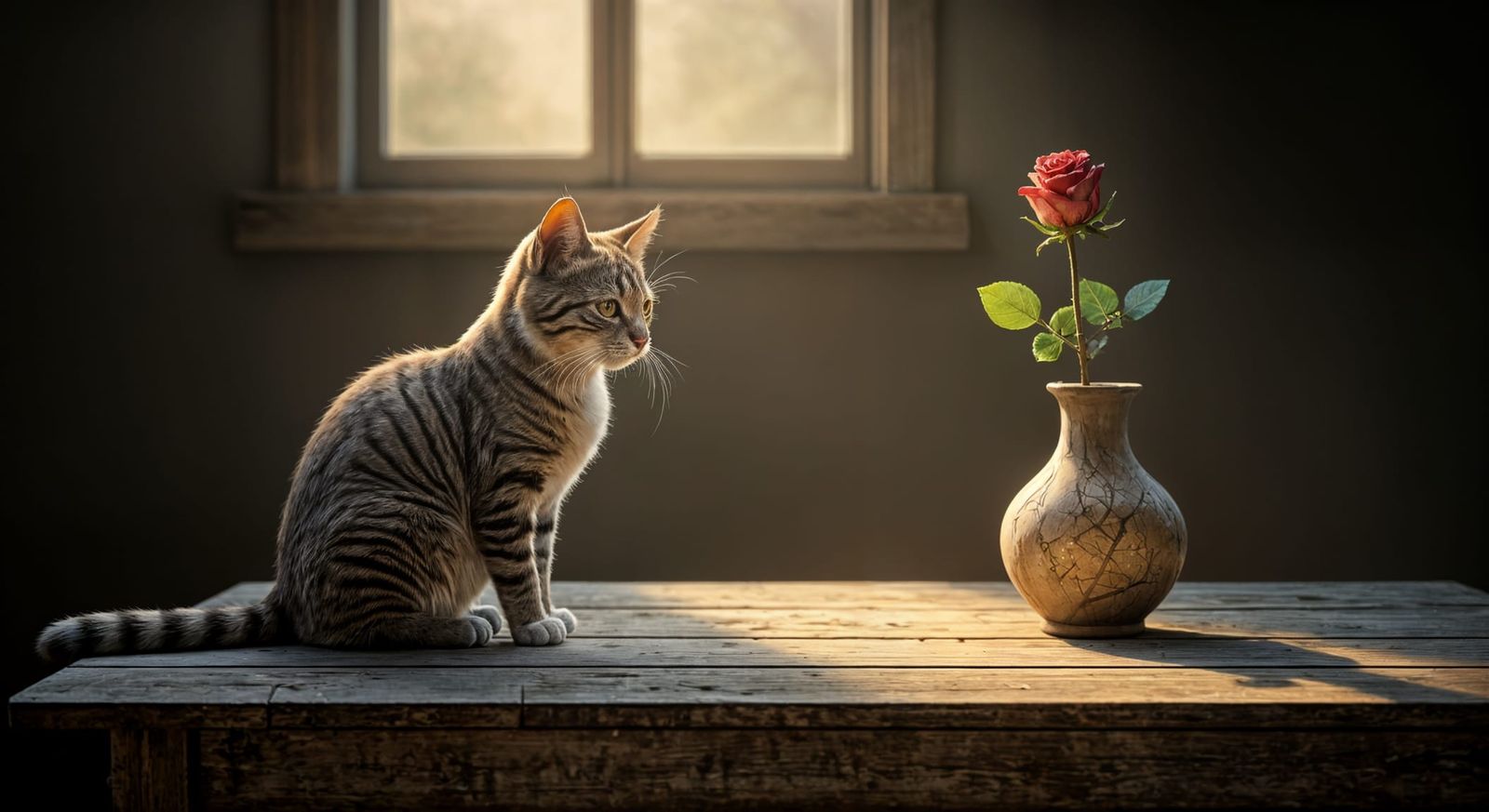 Lone Cat Gazes at Wilting Rose in Photorealistic CGI