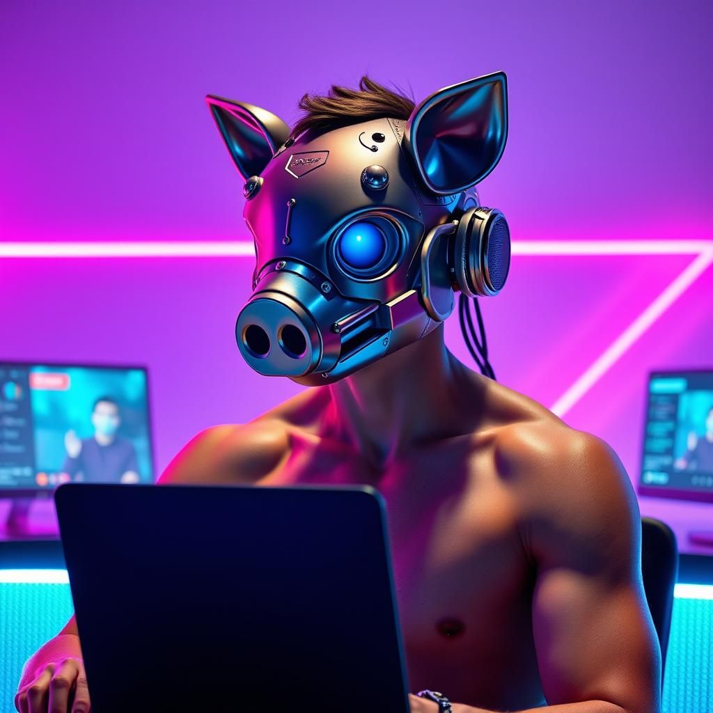 Futuristic Pig Mask Video Conference in Synthwave Style