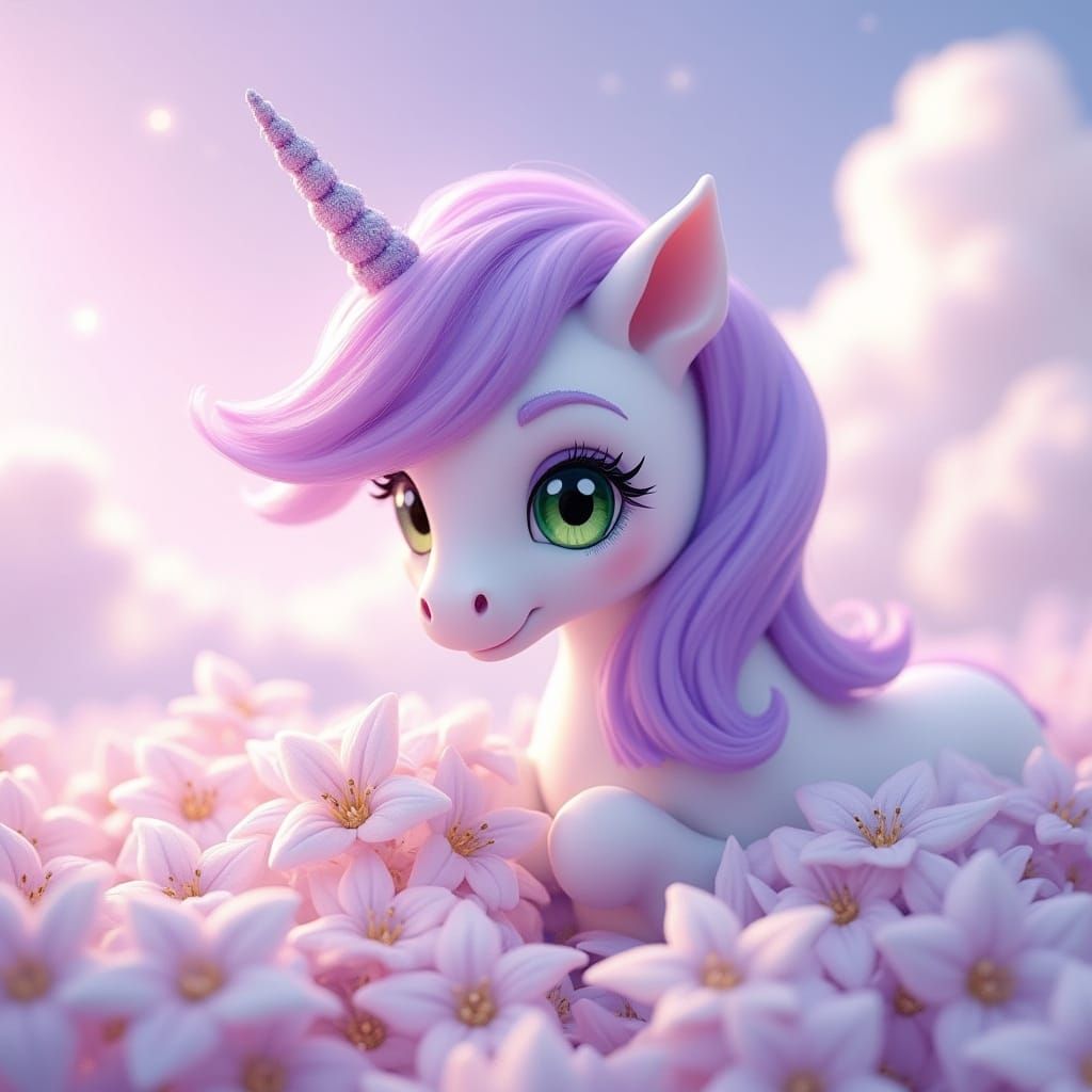 Cute Unicorn with Purple Hair in Detailed Matte Painting