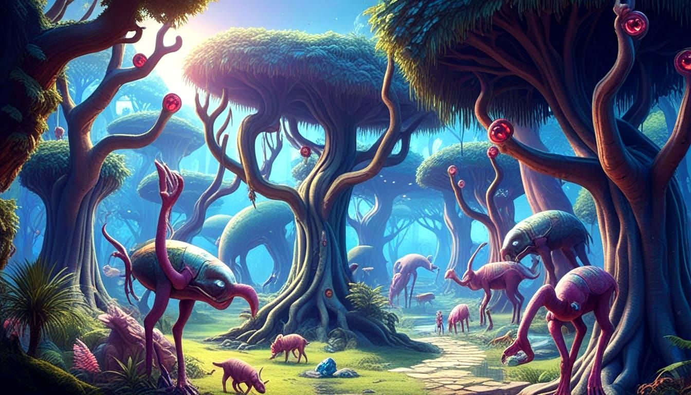 Psychedelic Jungle with Surreal Elements in Sci-Fi Style