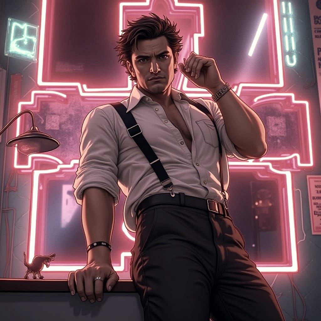 Handsome Older Man in Neon Nightclub Bedroom