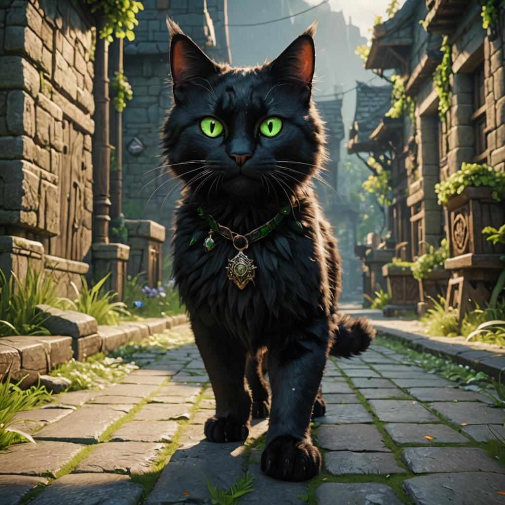 Fantasy Black Cat with Green Eyes in 3D