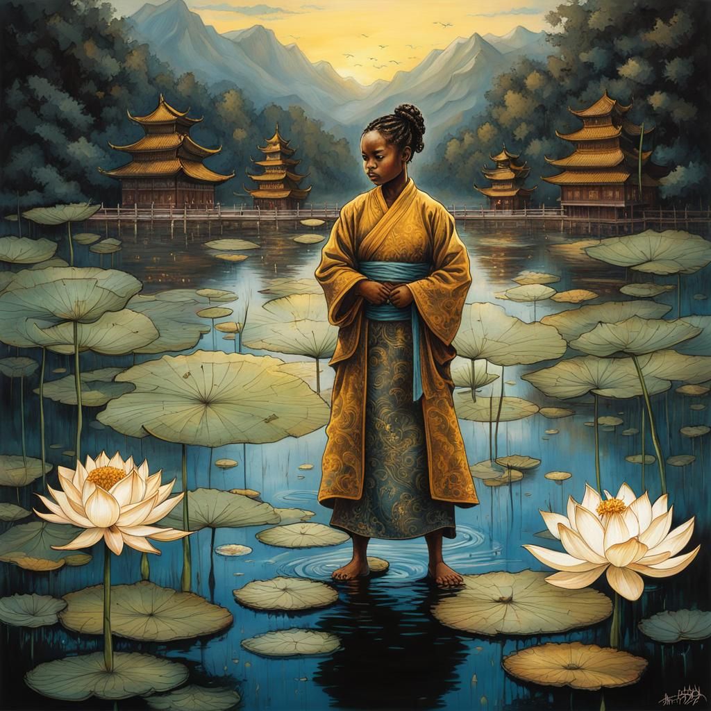 Bioluminescent Shaolin Monk on Lotus Pond