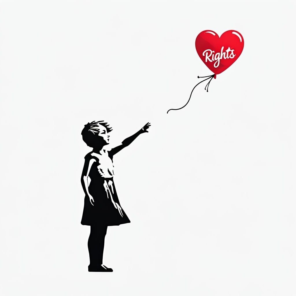 Banksy-Style Girl Longs for Elusive Rights on a White Backgr...