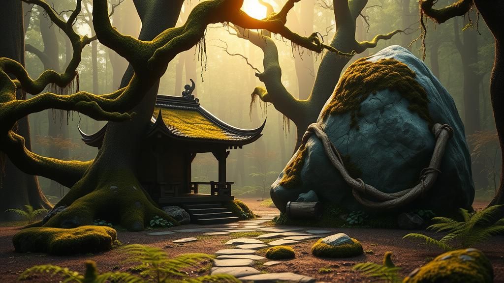 Mystical Japanese Shrine in Forest, Matte Painting