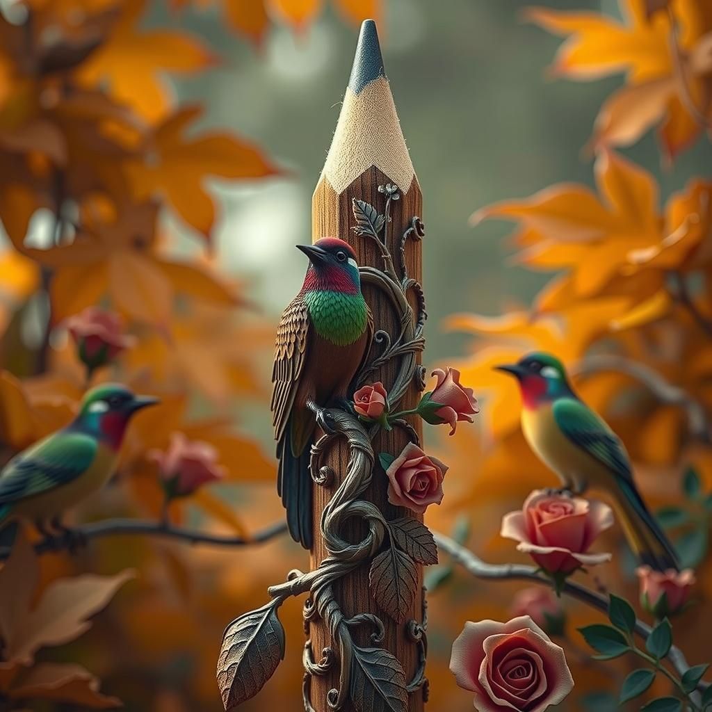 Intricate Carved Pencil Art: Floral and Bird Motifs