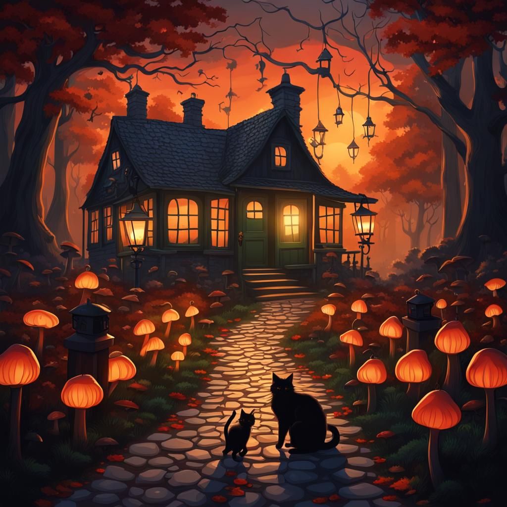 Autumn Witch Cottage in Spooky Forest