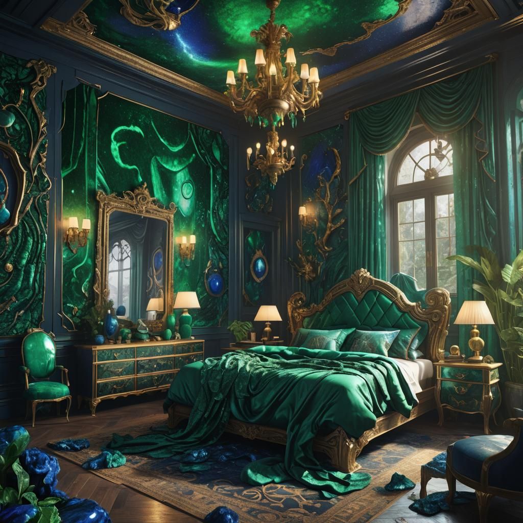 Fantastical Azurite Malachite Bedroom: Detailed Matte Painti...