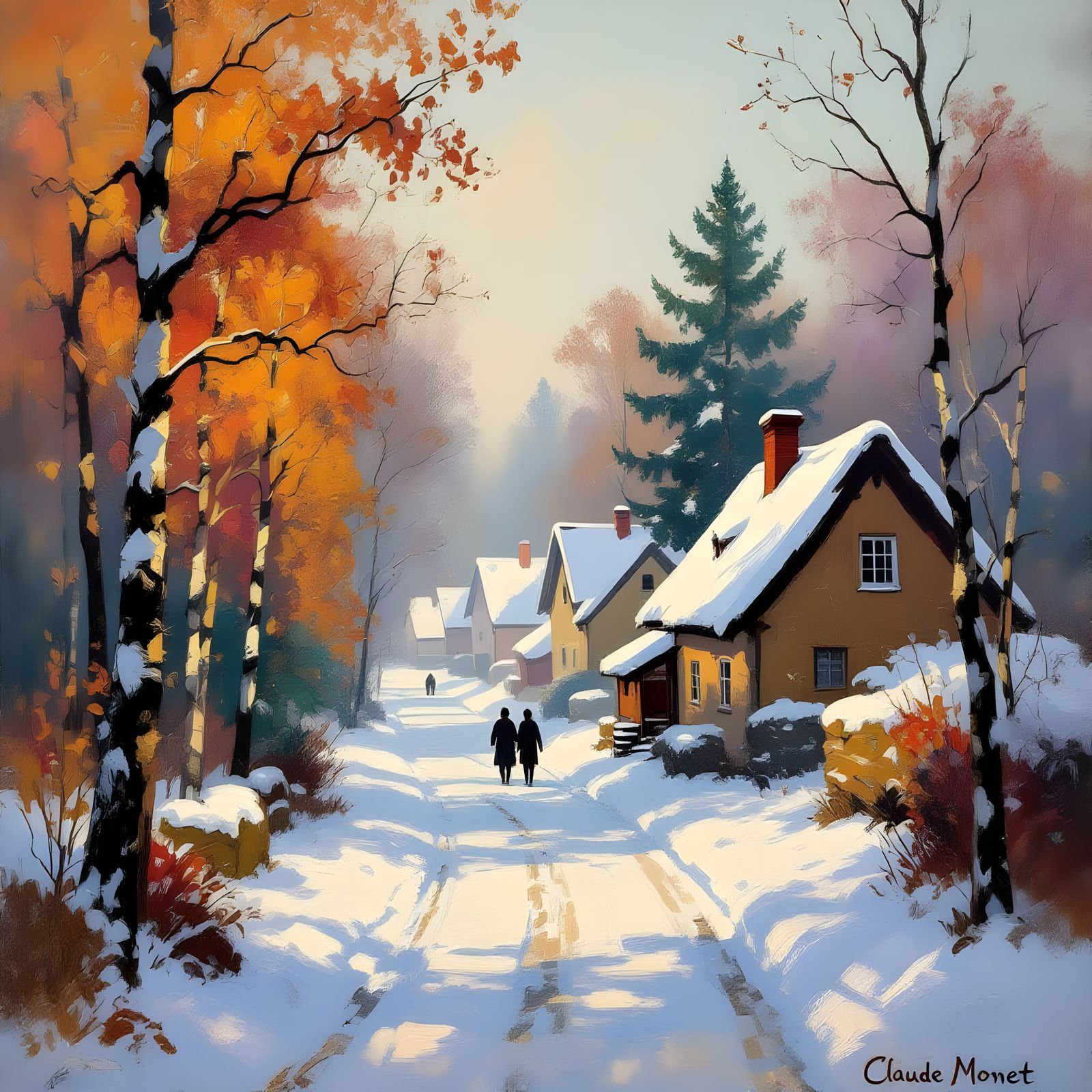 Misty Forest Path to Rustic Buildings, Impressionistic Paint...