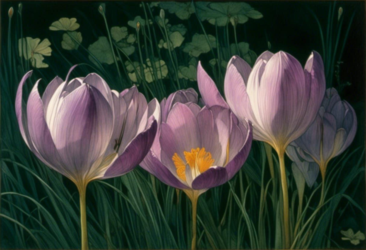 Autumn Crocuses in Evening Light, Illustrative Style