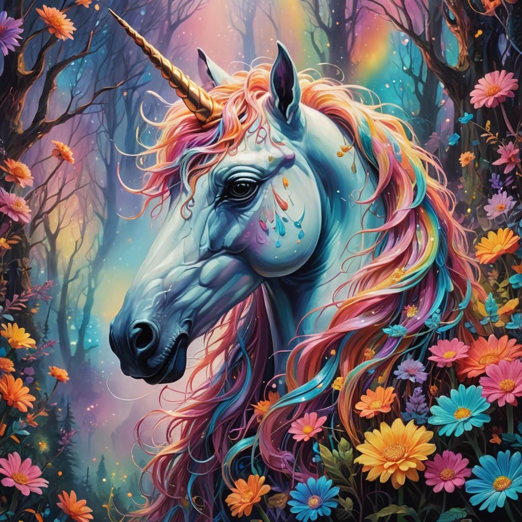 Surreal Unicorn Head in Dreamlike Neon Forest
