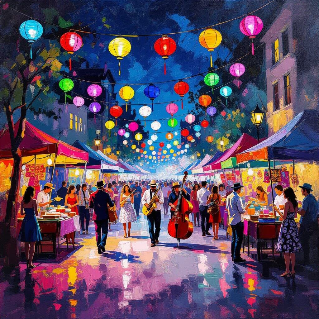 Vibrant Street Festival at Night in Impressionistic Style