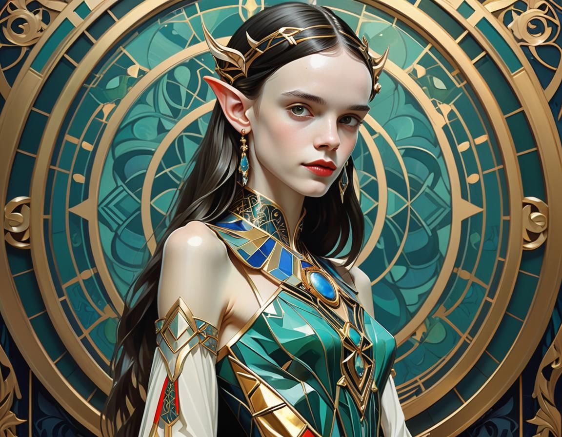 Smirking High Elf Beauty in Art Deco Style