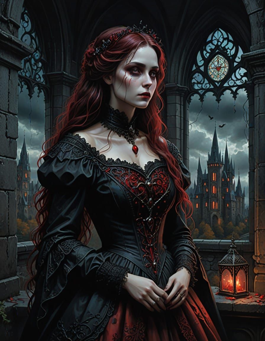 Romantic Gothic Woman in Victorian-Era Attire