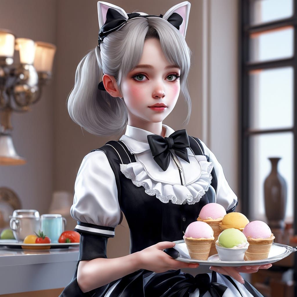 Young Woman in Maid Costume with Ice Cream