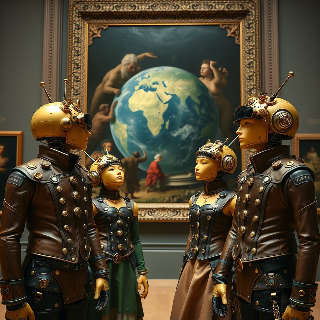 Android Family Gazing at Art: Steampunk Future