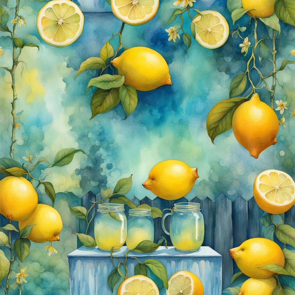 Surreal Lemon Garden in Watercolor Style