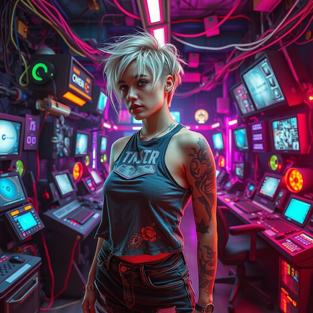 Edgy Cyberpunk Woman in High-Tech Control Room