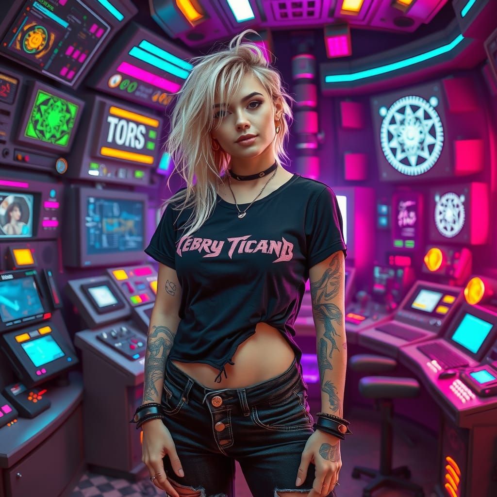 Cyberpunk Woman in Futuristic Control Room