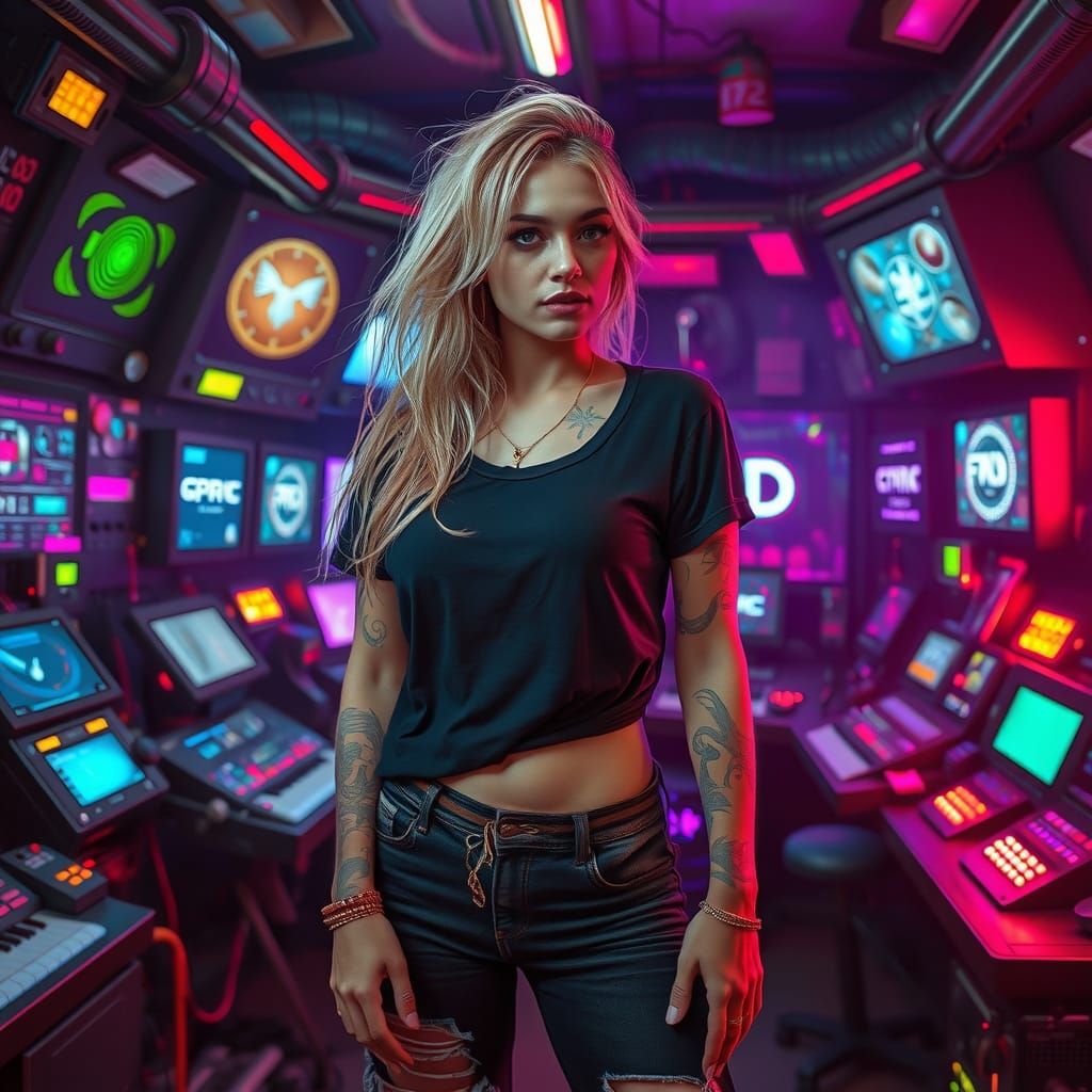 Cyberpunk Woman in Gritty High-Tech Control Room