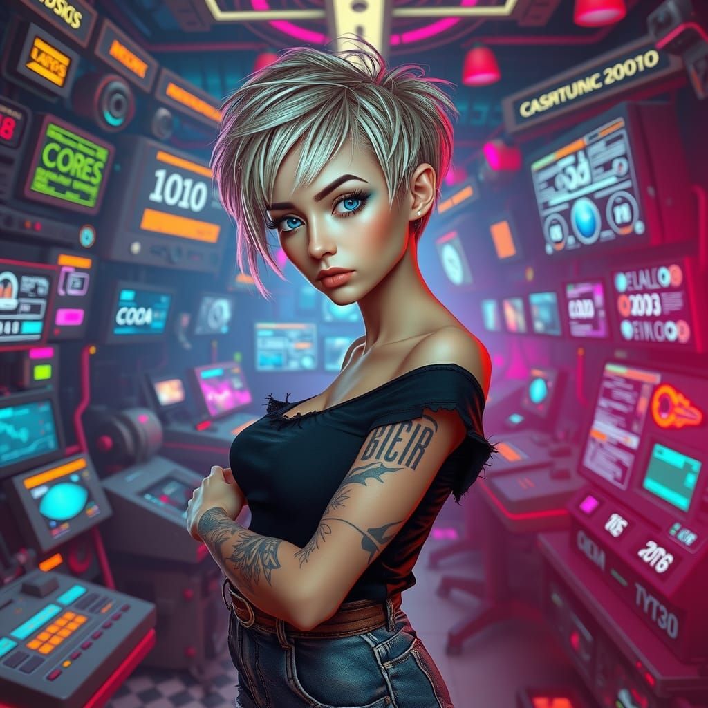 Cyberpunk Woman in Futuristic Control Room