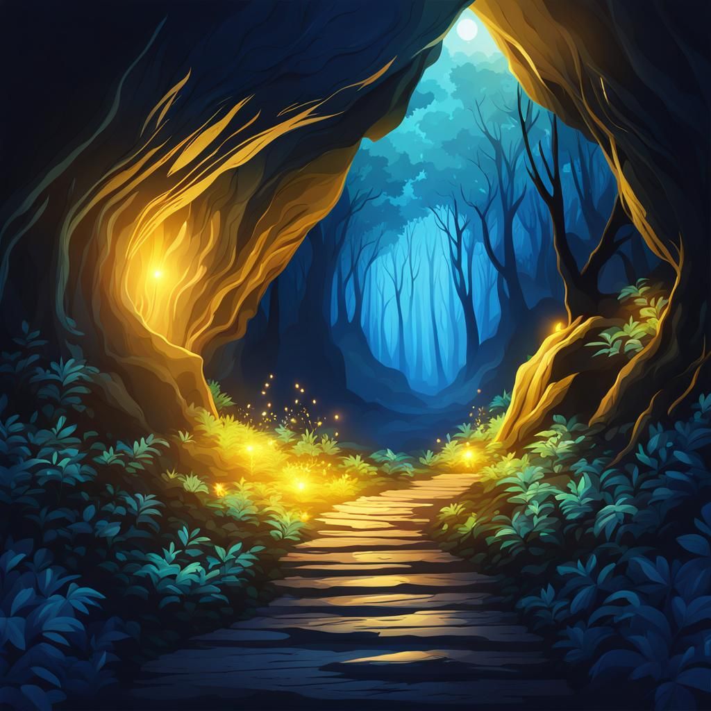 Abstract Blue Forest Cave Entrance with Golden Lights