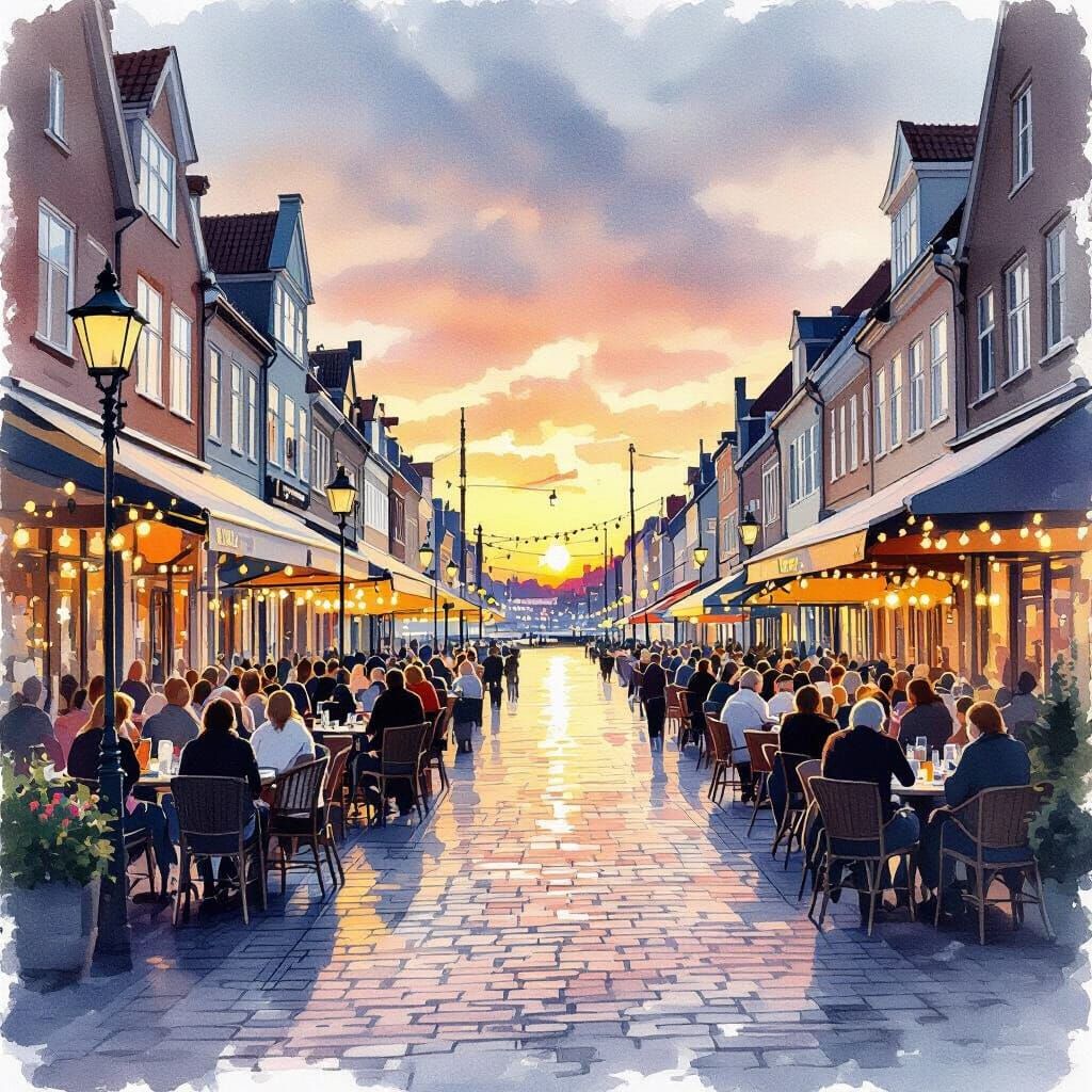 Aarhus Canal Sunset in Expressive Watercolor Style