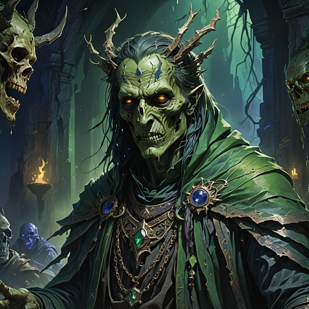 Necromancer Commands Undead Army in Dark Fantasy Art