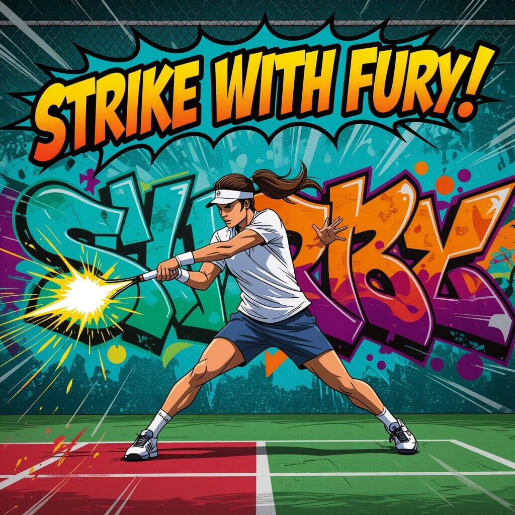Tennis Player's Furious Strike in Comic Book Art Style