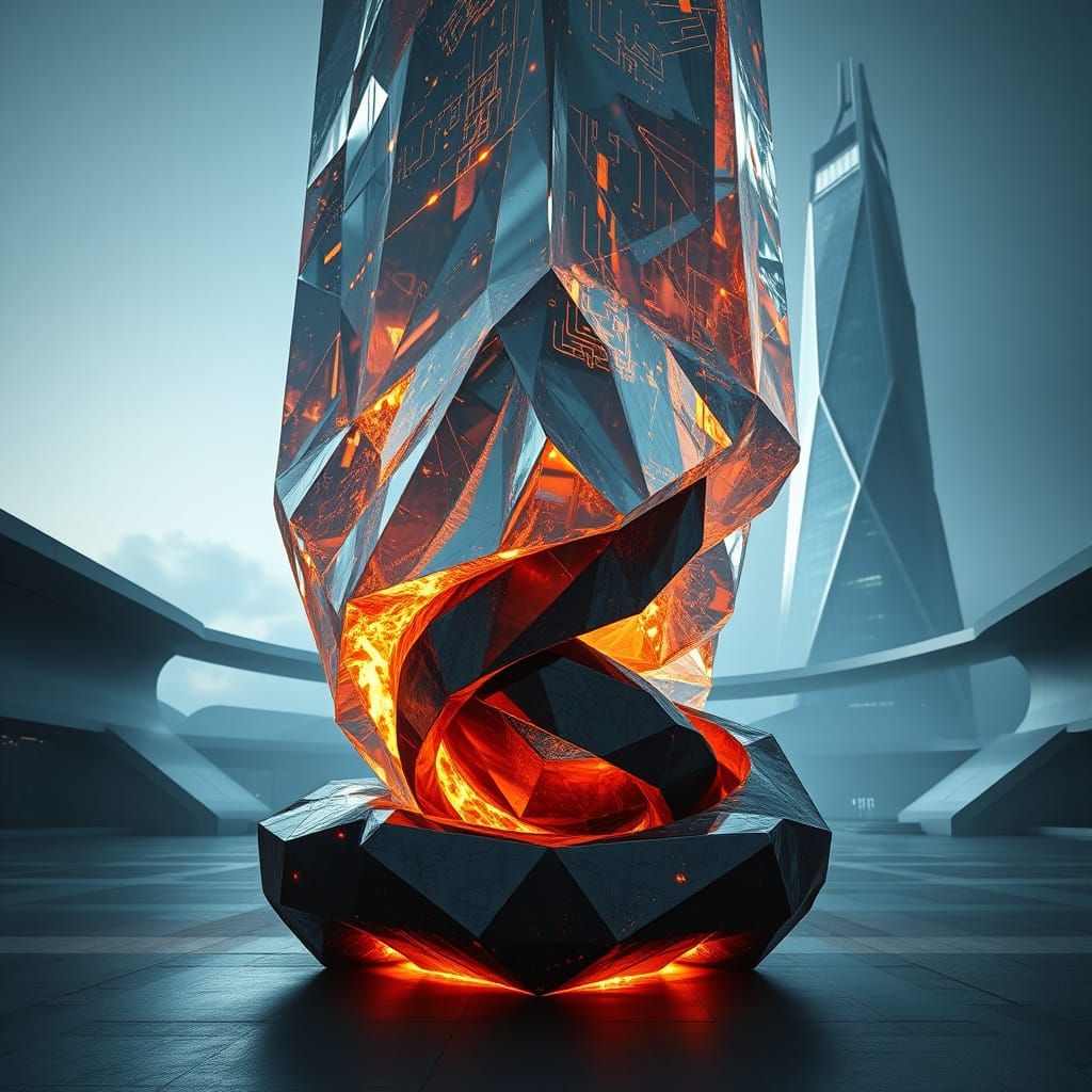 Crystal Monolith Defies Gravity in Futuristic Plaza