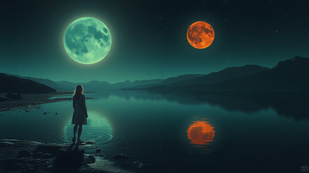 Breathtaking Green and Red Lunar Eclipse Over Calm Lake