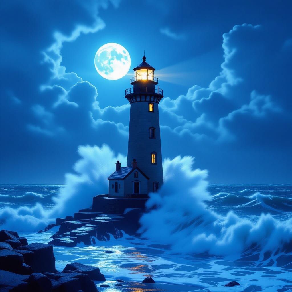 Hyperrealistic Lighthouse in Stormy Weather, Moonlight